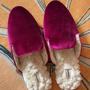 The Phoebe Wild Berry Faux Fur slippers, house shoes, slip on slides, dress shoe